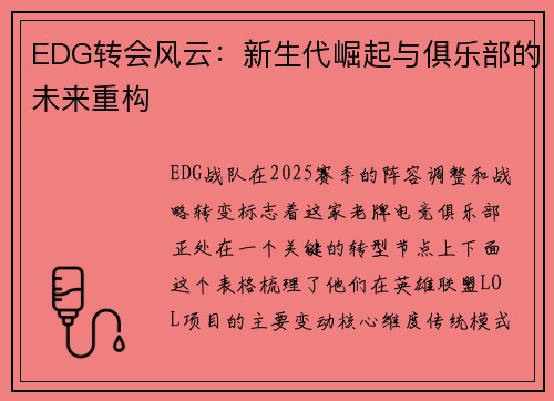 EDG转会风云：新生代崛起与俱乐部的未来重构